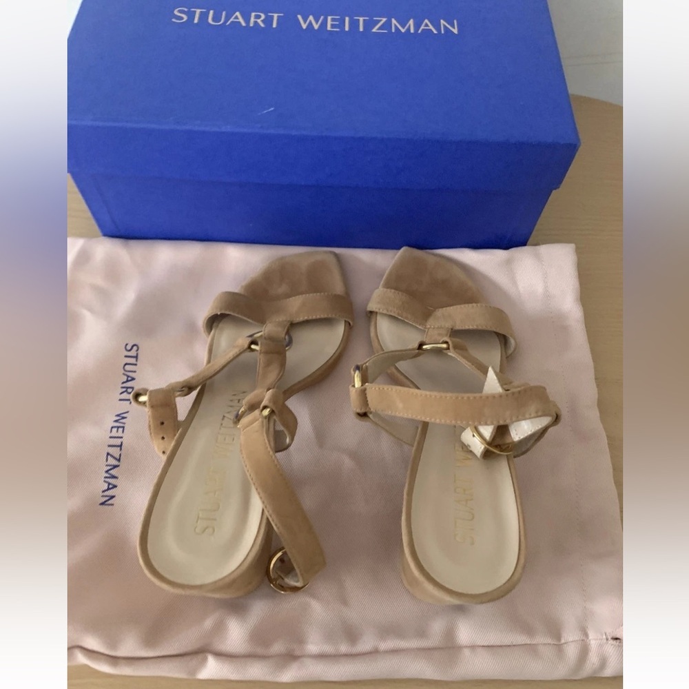 Stuart Weitzman Tan Suede T-Strap Sandals Lalita 75 Block Heel Sandals - Picture 3 of 4